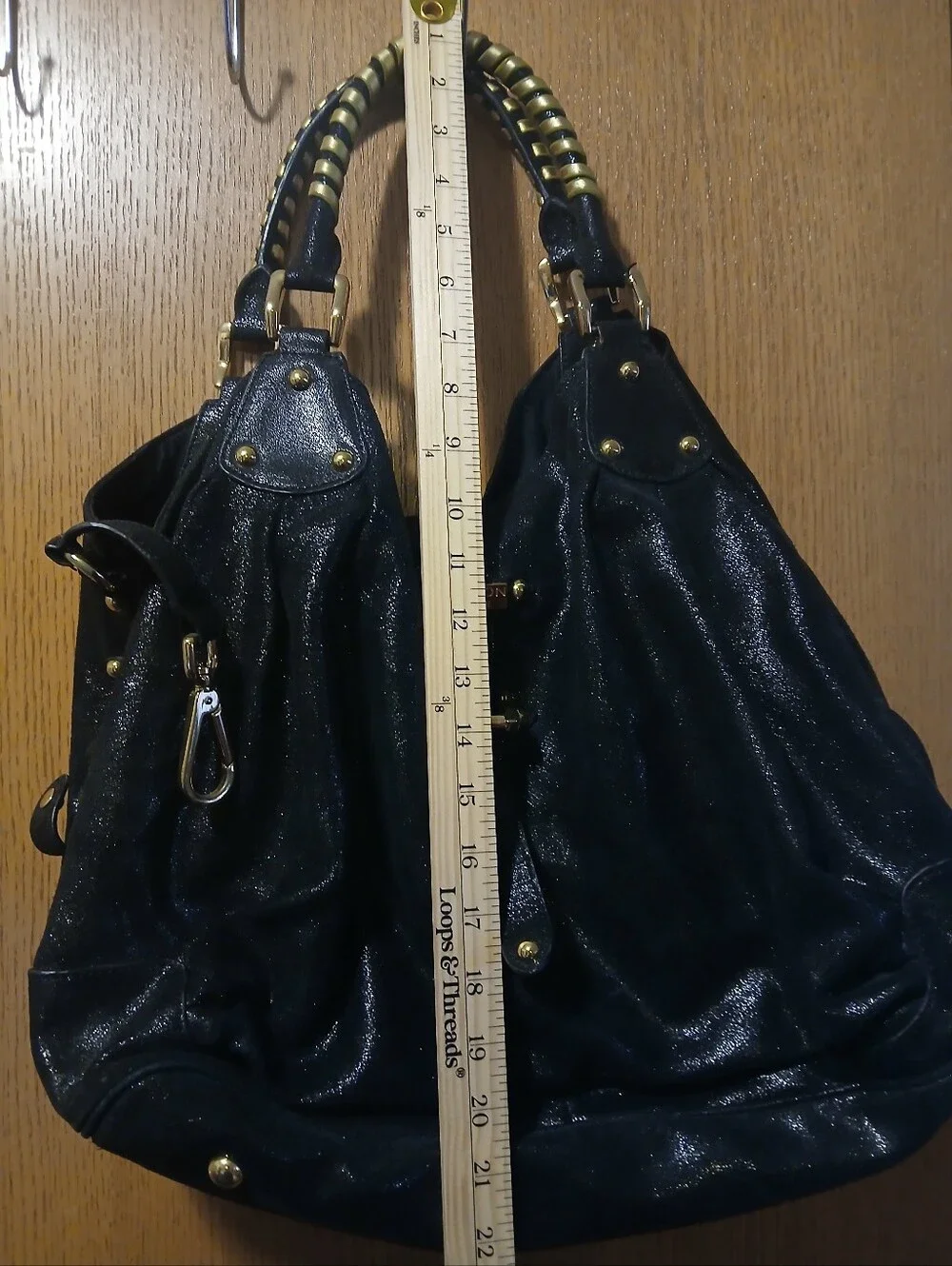 Halston Heritage Black Shimmer Leather Slouchy Hobo Bag - Gold Hardware